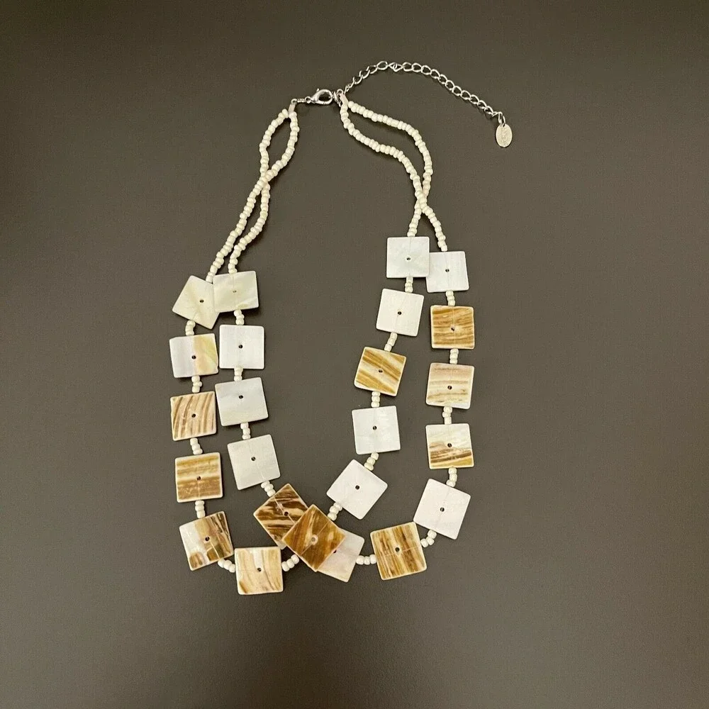 Claire's Brown‎ White Square Shell Beaded Multicolor Silver-tone Necklace NWOT